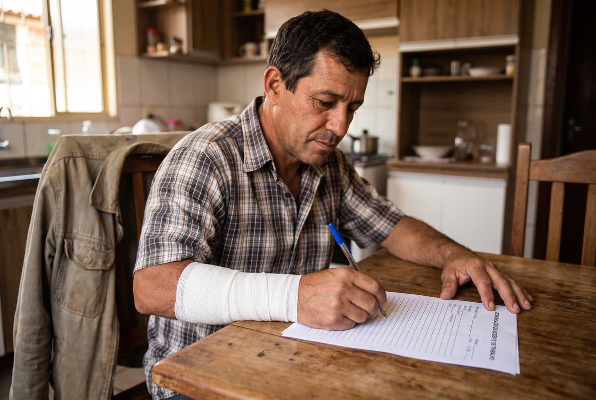 Trabalhador com o antebraço enfaixado preenchendo um formulário à mesa da cozinha