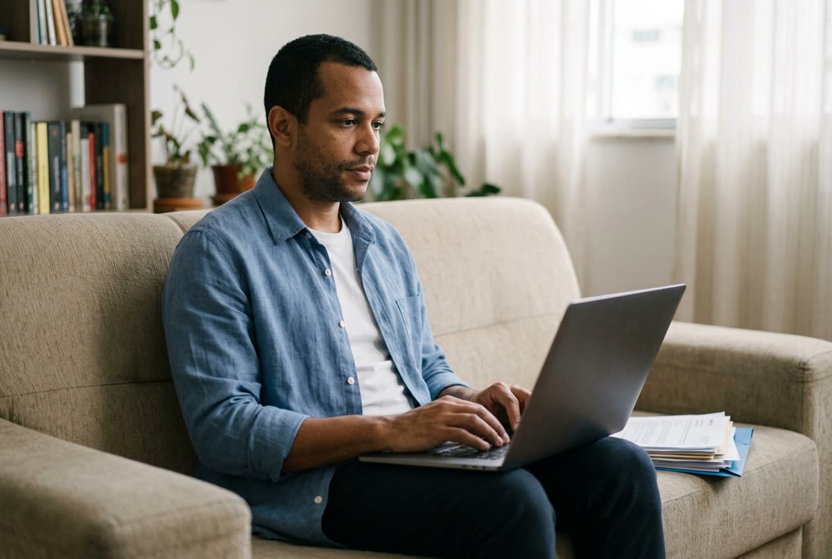 Homem sentado no sofá de casa usando o notebook, com uma pasta de documentos ao lado