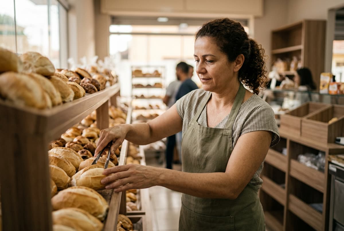 Padeira organizando pães no balcão de uma padaria pela manhã