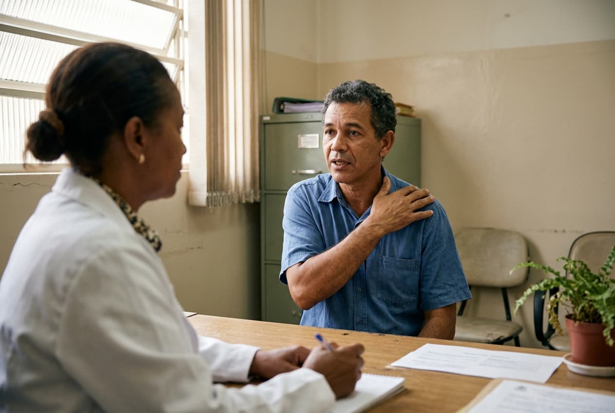 Homem apontando para o próprio ombro enquanto explica sua limitação a uma médica em consultório