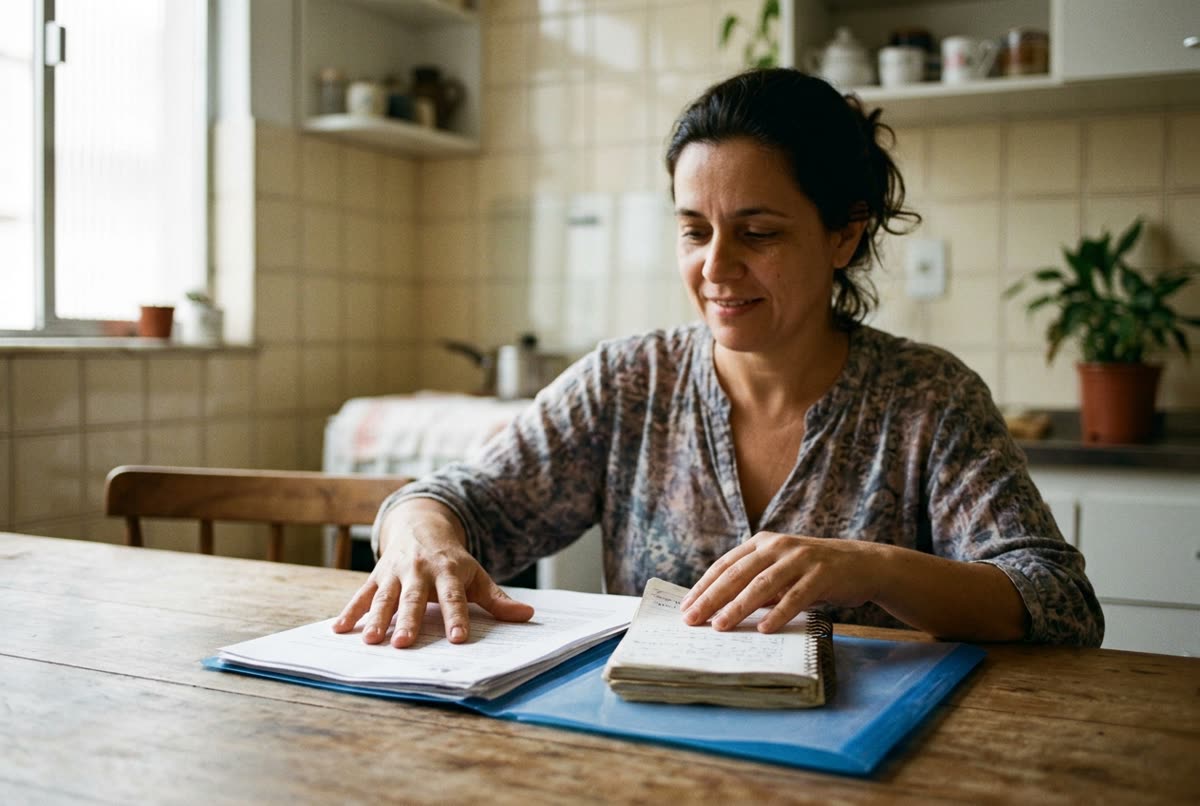 Mulher organizando pasta de documentos e um caderno à mesa da cozinha