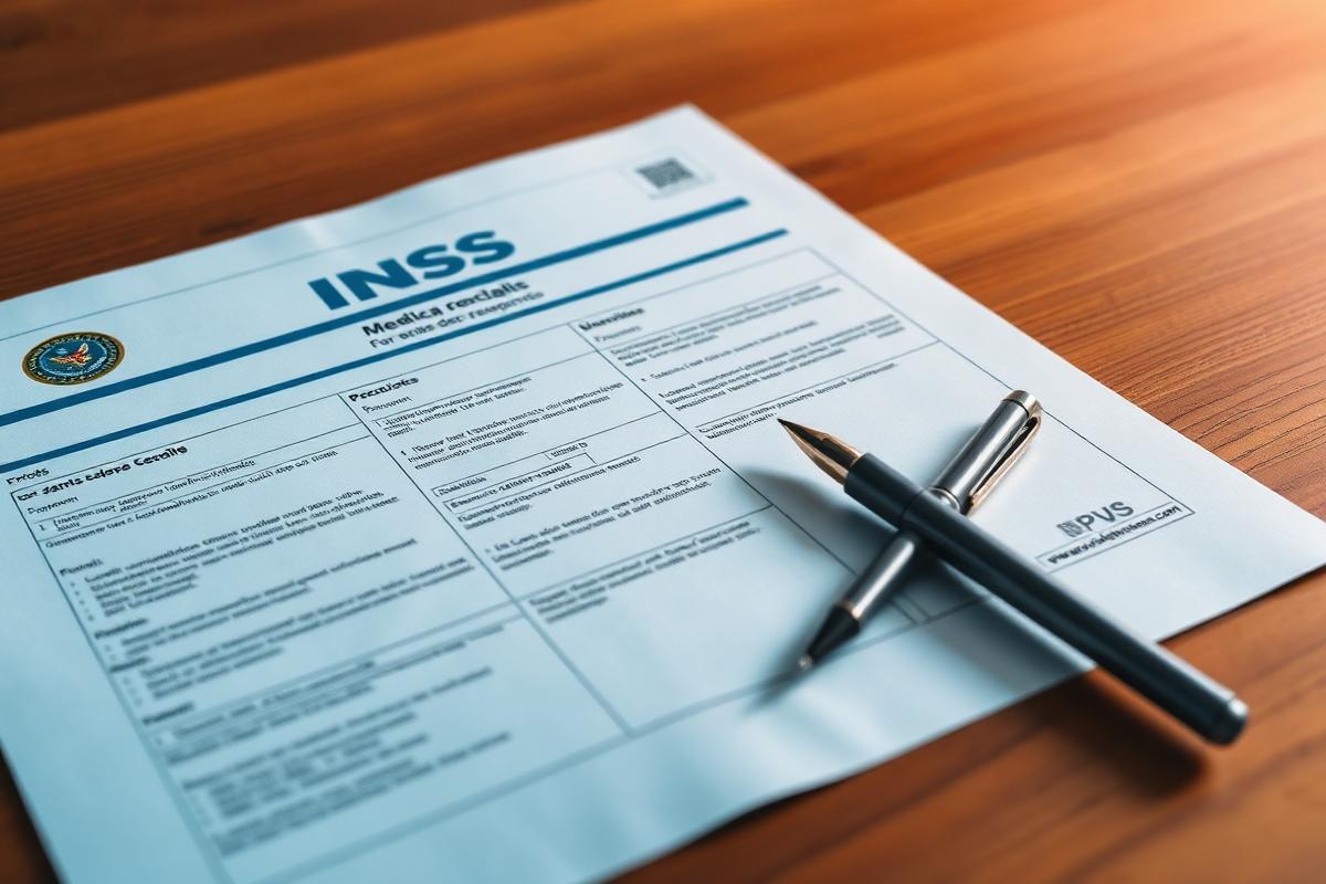 Formulário do INSS e caneta sobre uma mesa de madeira