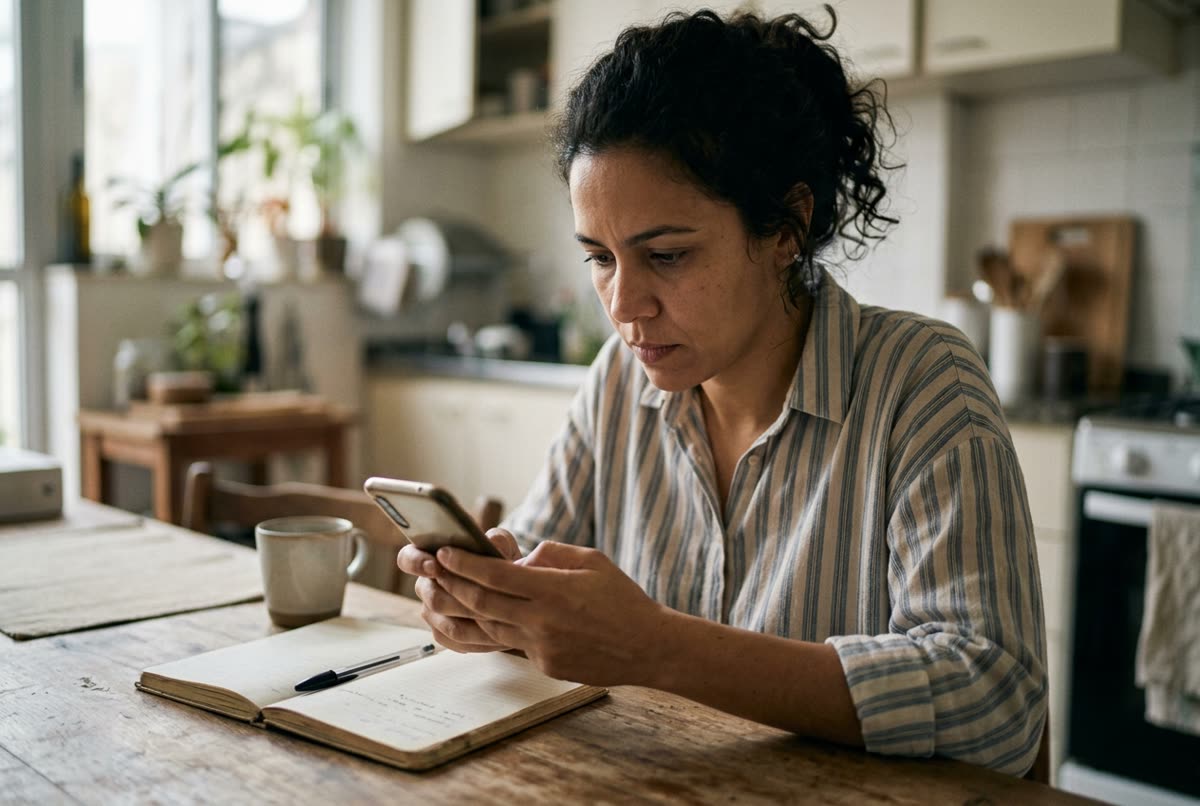 Mulher usando o celular à mesa da cozinha, com um caderno aberto ao lado