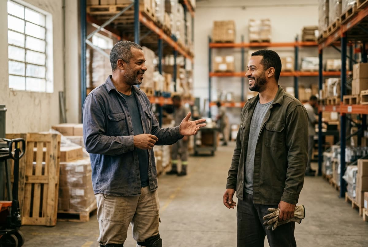 Dois colegas de trabalho conversando de forma descontraída em um galpão