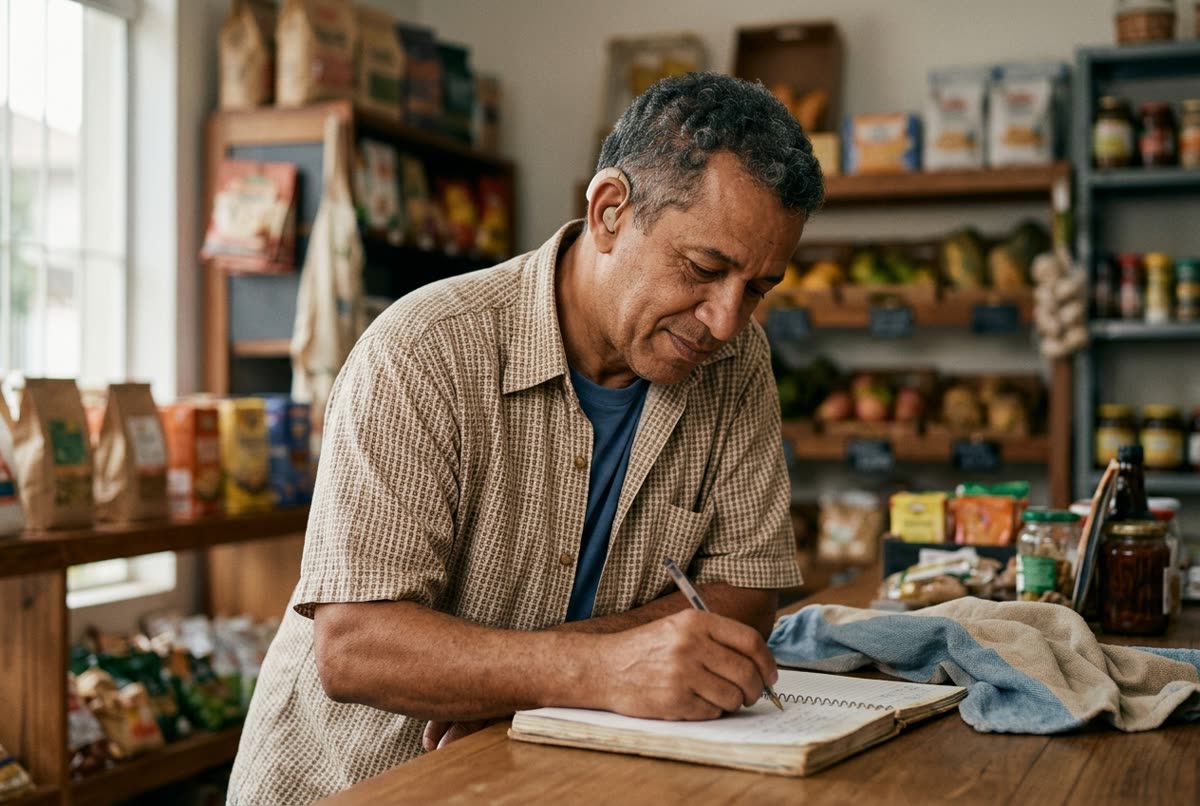 Comerciante com aparelho auditivo discreto escrevendo em um caderno no balcão da própria loja