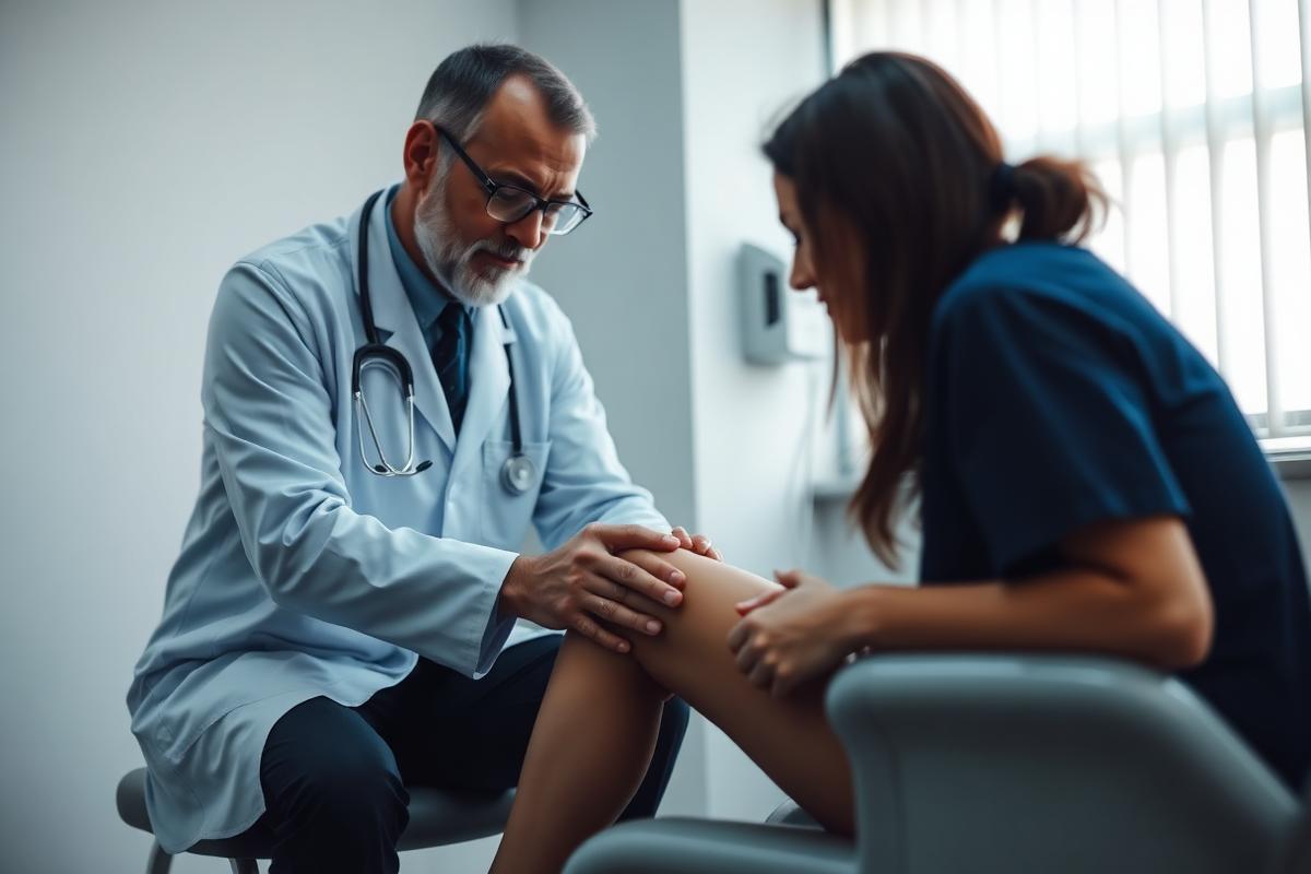 Médico examinando o joelho de uma paciente em consultório