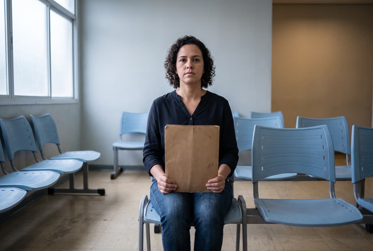 Mulher sentada na sala de espera de uma agência pública, segurando uma pasta de documentos