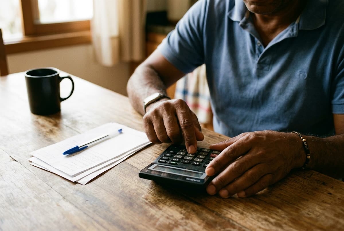 Homem fazendo contas em uma calculadora com holerites sobre a mesa da cozinha